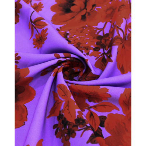 Tecido Viscose Italiano Macro Flores Vermelho e Lilás