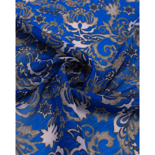Tecido Crepe Chiffon Texturizado Italiano Tapete Floral Cinza e Azul