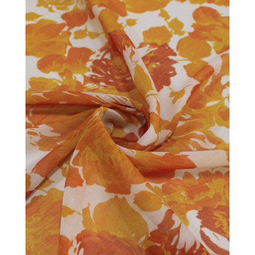 Tecido Crepe Chiffon Texturizado Italiano Tapete Floral Abstrato Tons de Laranja e Branco