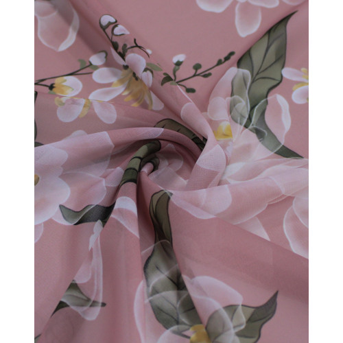 Tecido Crepe Chiffon Italiano Campo de Flores Verde, Branco e Rosé