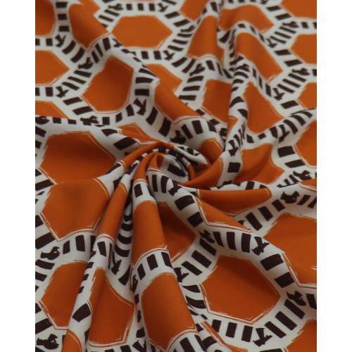 Tecido Viscose Colméias Laranja, Offwhite e Marrom