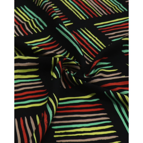 Tecido Viscose Riscos Geométricos Colorido e Preto