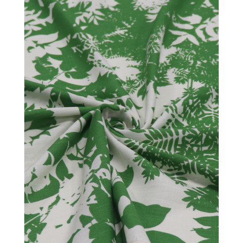 Tecido Viscose Texturizada Folhagens Abstratas Offwhite e Verde