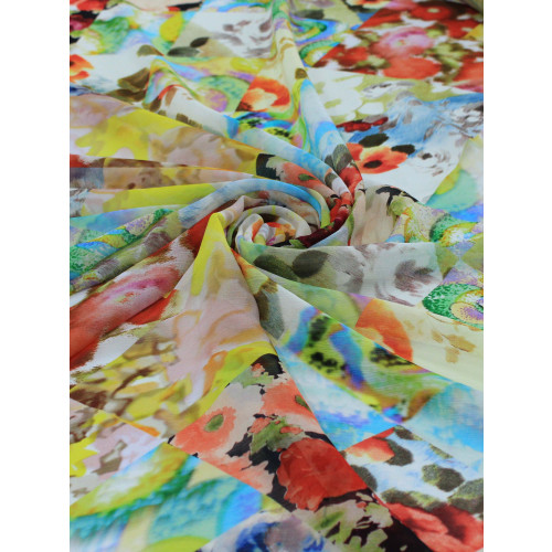 Tecido Crepe Chiffon Italiano Flores em Aquarela Colorida