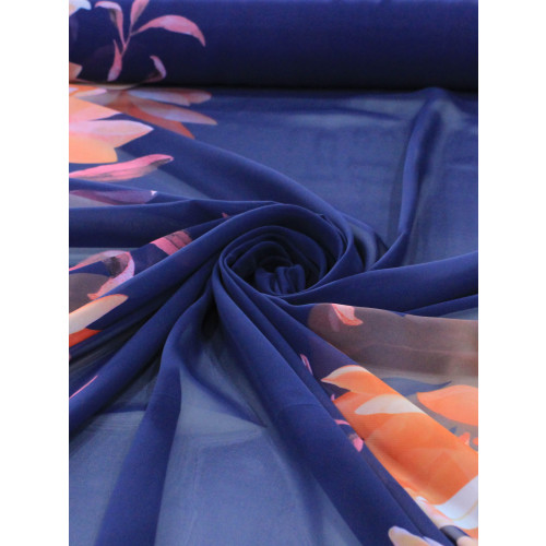 Tecido Crepe Chiffon Italiano Maxi Flores Tons Quentes e Azul Marinho