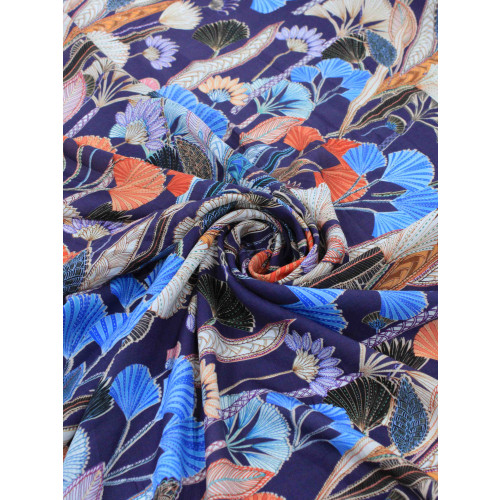 Tecido Linho Misto Italiano Flores Coloridas e Azul Marinho