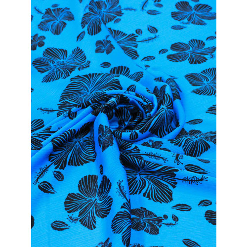 Tecido Crepe Chiffon Italiano Texturizado Flores Azul e Preto