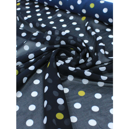 Tecido Crepe Chiffon Italiano Poá Azul Marinho e Amarelo