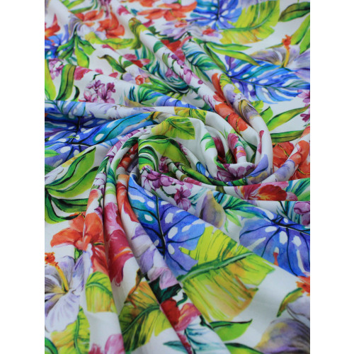 Tecido Viscose Italiano Jardim Colorido e Branco