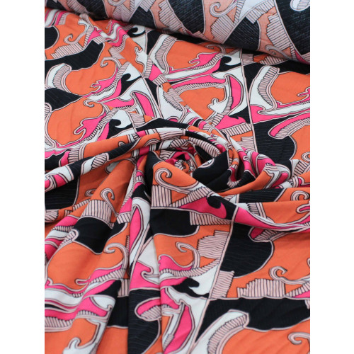 Tecido Viscose Italiano Desenhos Abstratos Laranja e Rosa