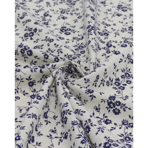 Tecido Linho Misto Camisaria Micro Ramos Florais Azul Marinho e Offwhite