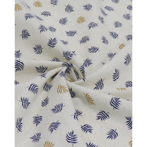 Tecido Linho Misto Camisaria Micro Ramos Azul, Dourado e Cru