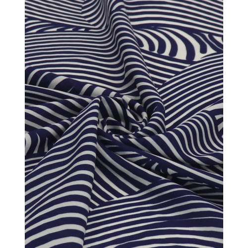 Tecido Crepe Salinas Italiano Listras Onduladas Branco e Azul Marinho
