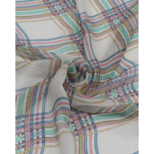 Tecido Crepe Chiffon Italiano Multi Quadriculado Colorido e Bege