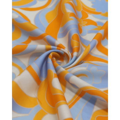 Tecido Viscose Acetinada Italiano Arabesco Floral Laranja, Azul e Offwhite (1,40m x 1,47m)