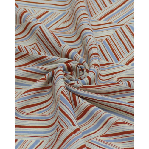 Tecido Crepe de Viscose Italiano Listras Geométricas Azul, Vermelho e Creme