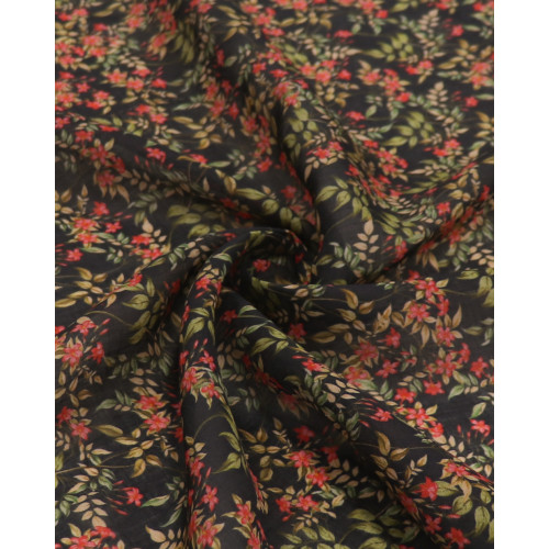Tecido Cambraia de Linho Italiano Ramos Florais Vermelho, Verde e Preto