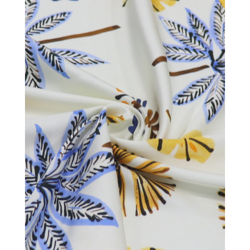 Tecido Viscose Acetinada Italiano Barrado Vertical e Folhas Azul, Amarelo e Offwhite