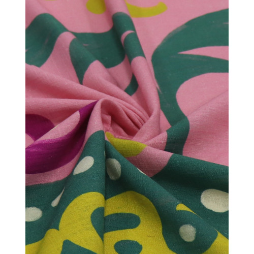Tecido Linho Puro Italiano Barrado Duplo Estampa Tropical Verde e Rosa