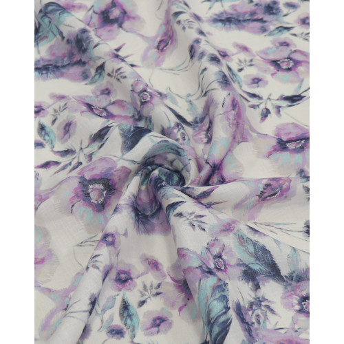 Tecido Linho Puro Italiano Campo Floral Lavanda, Azul e Branco