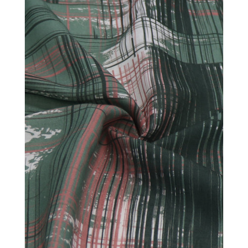 Tecido Linho Puro Italiano Listras Abstratas Branco, Coral e Tons de Verde