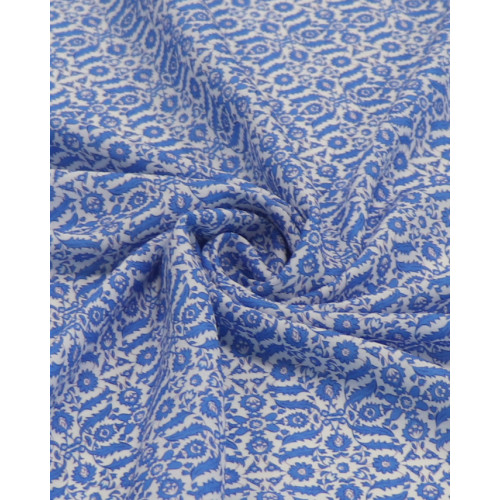 Tecido Viscose Fina Italiano Micro Arabesco Floral Azul e Branco