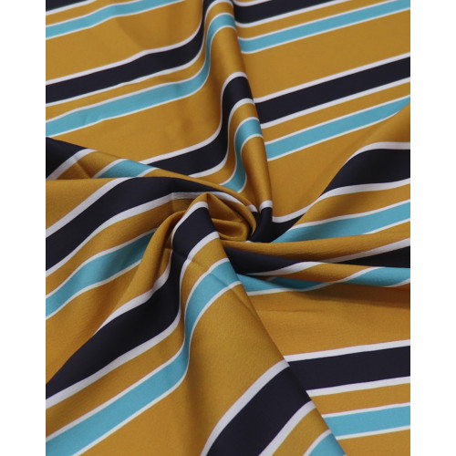 Tecido Crepe de Viscose Italiano Multi Listrado Branco, Azul, Preto e Caramelo
