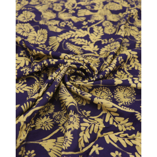 Tecido Viscose Texturizada Flores e Galhos Amarelo e Azul Marinho