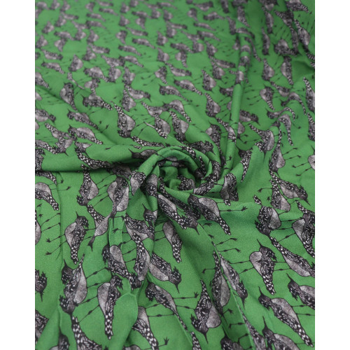 Tecido Crepe de Viscose Pássaros Preto, Branco e Verde Musgo (0.5m)
