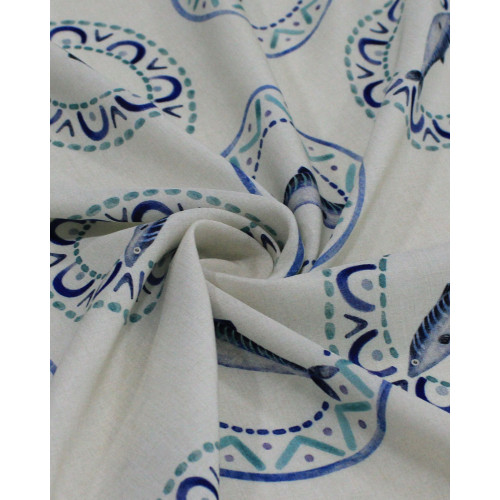 Tecido Viscose Premium Sardine em Círculos Azul, Verde e Lichia