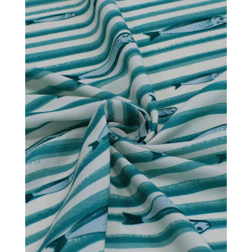 Tecido Viscose Premium Sardine em Listras Verde Teal e Branco