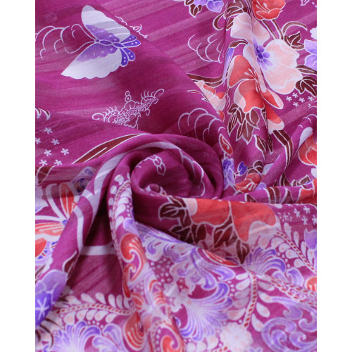 Tecido Crepe Chiffon Brocado Barrado Floral e Arabescos Colorido e Roxo
