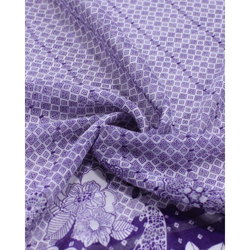 Tecido Crepe Chiffon Brocado Barrado Duplo Floral e Geométrico Branco e Roxo