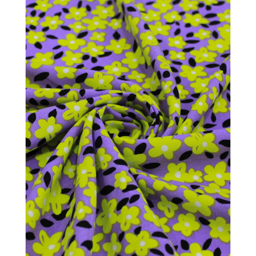 Tecido Viscose Tapete Floral Amarelo, Preto e Lilás