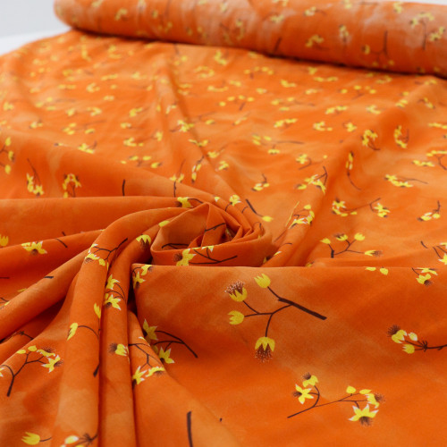 Tecido Cambraia de Algodão Micro Floral Laranja