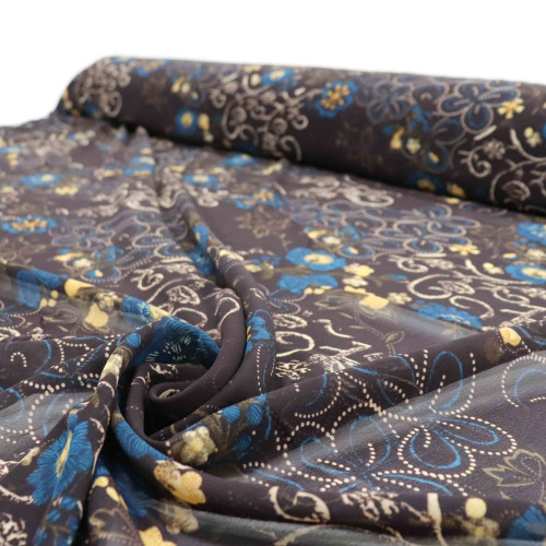 Tecido Crepe Chiffon Floral e Arabescos Estonado Marrom