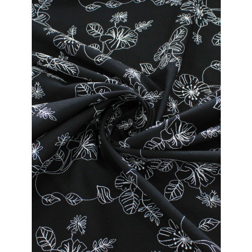 Tecido Alfaiataria de Viscose Bordada Floral Branco e Preto