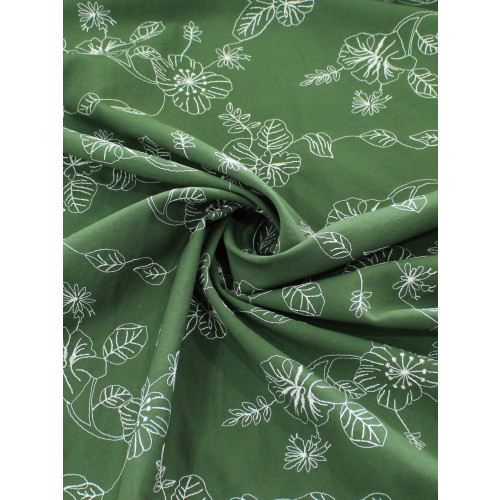 Tecido Alfaitaria de Viscose Bordada Floral Branco e Verde Militar