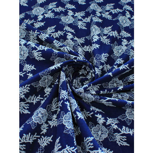 Tecido Linho Misto Bordado Floral Branco e Azul