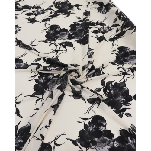 Tecido Viscose Italiano Macro Floral Preto e Creme