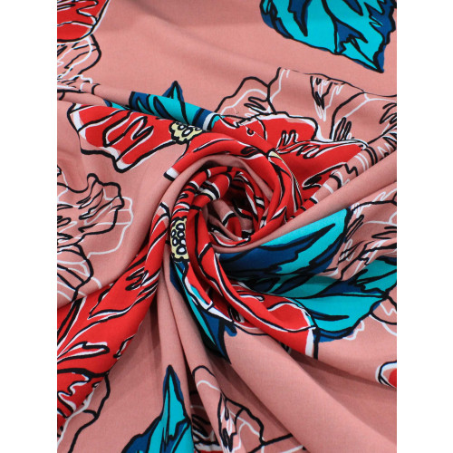 Tecido Viscose Macro Flores Vermelho e Goiaba