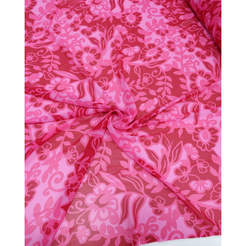 Tecido Crepe Chiffon Flores e Ramos Rosa e Marsala