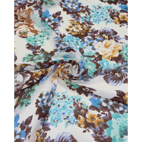 Tecido Crepe Chiffon Tapete Floral Tons de Azul e Offwhite (0.5m)