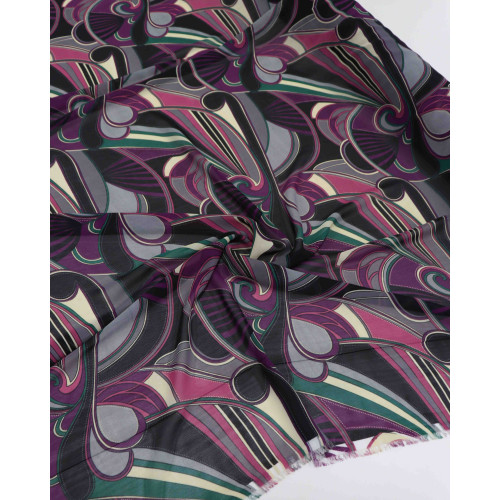 Tecido Crepe Chiffon Abstrato Preto, Verde e Roxo