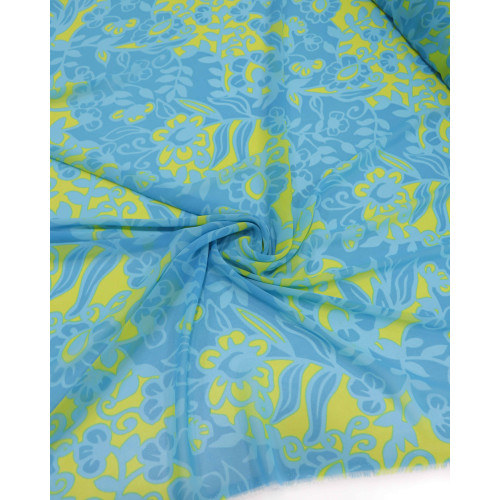 Tecido Crepe Chiffon Flores e Ramos Amarelo e Azul