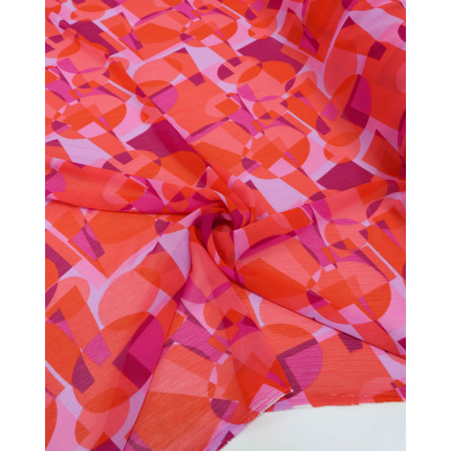 Tecido Crepe Chiffon Texturizado Geométrico Roxo, Lilás e Vermelho