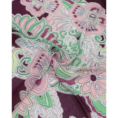 Tecido Crepe Chiffon Floral e Pontilhados Verde e Vinho (0.8m)