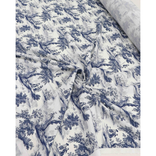 Tecido Viscose Premium Toile de Jouy Azul e Offwhite (0.5m)