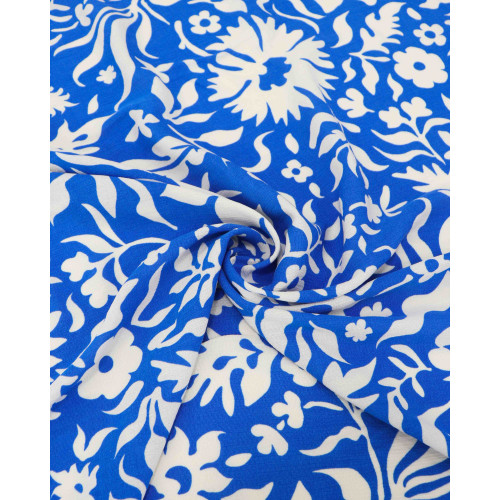 Tecido Crepe de Viscose Italiano Tapete Floral Branco e Azul