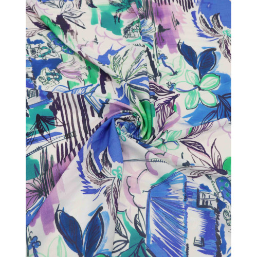 Tecido Viscose Italiano Estampa Havaiana Tons de Azul e Verde